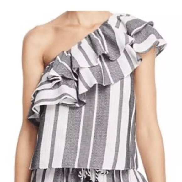 MISA LOS ANGELES TOP GRAY WHITE KLEA STRIPES RUFFLES ONE SHOULDER CHIC Sz S - Picture 2 of 10